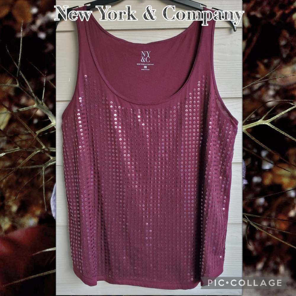 NY&CO Festive Dressy Maroon Wine Burgundy Shimmery Front Sequin Panel Tank Top